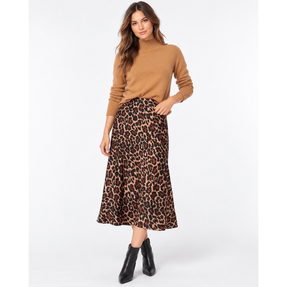 J.CREW Leopard Print Brown Midi Slip Skirt Womens Size S Animal Print Satin Look